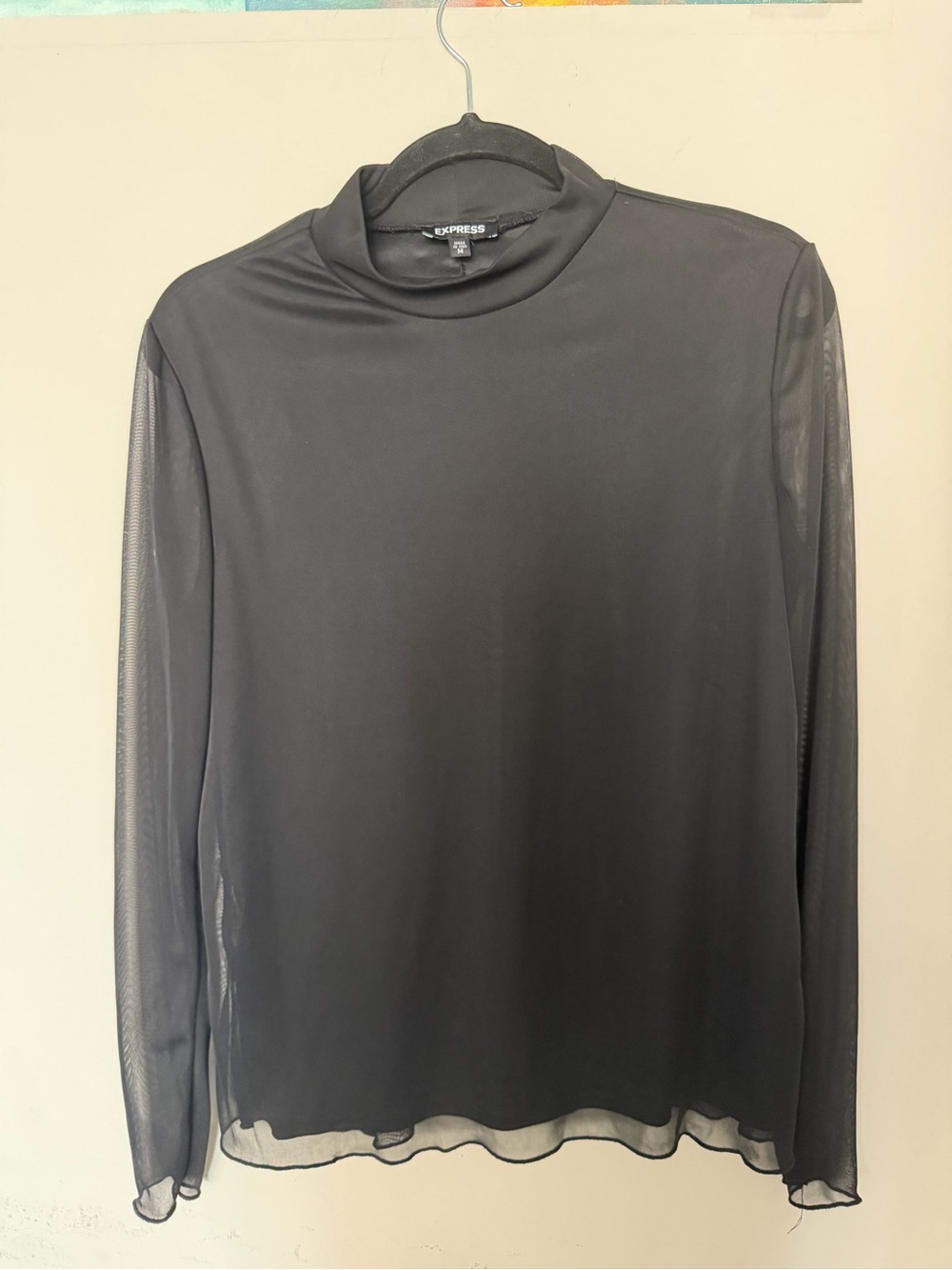 Express Women’s Black Mesh Long-Sleeve Mock Neck Shirt
